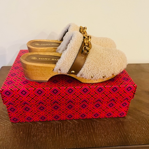 TORY BURCH Jessa Shearling Clog in Buttermilk/Royal Tan size 7 - Picture 10 of 11